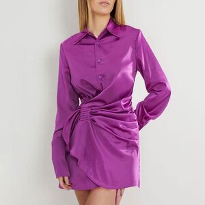 NWT Luxedress Sz S CLASSY POINT COLLAR DRAPED WRAP SATIN MINI SHIRT DRESS PURPLE